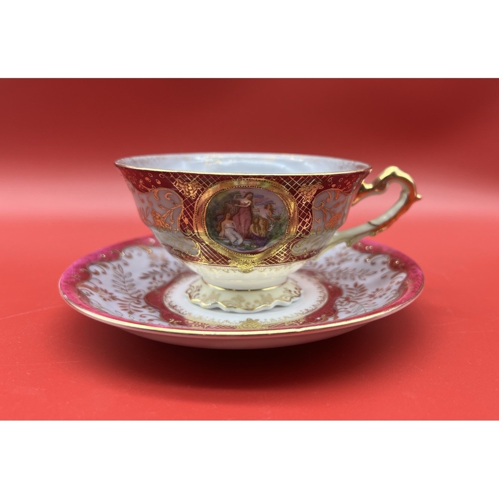 Hand Painted Chubu China Occupied Japan Porcelain Cup & Saucer Raised Gold Trim